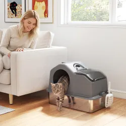 Arenero para Gatos Cubierto con Bandeja de Acero Inoxidable Tapa Extraíble Bordes Altos Fácil de Limpiar Gris Os... - Ogal.Es