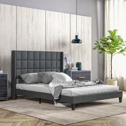 Cama 135x190 cm con Almacenaje Inferior Tapizada y Cabecero Acolchado con Orejas Gris - Ogal.Es