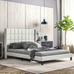 Cama 135x190 cm con Almacenaje Inferior Tapizada y Cabecero Acolchado con Orejas Beige - Ogal.Es