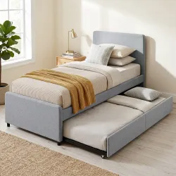 Cama Nido Individual 90x190 cm Estructura de Cama Tapizada en Lino con Cabecero y Piecero Listones de Madera Gri... - Ogal.Es