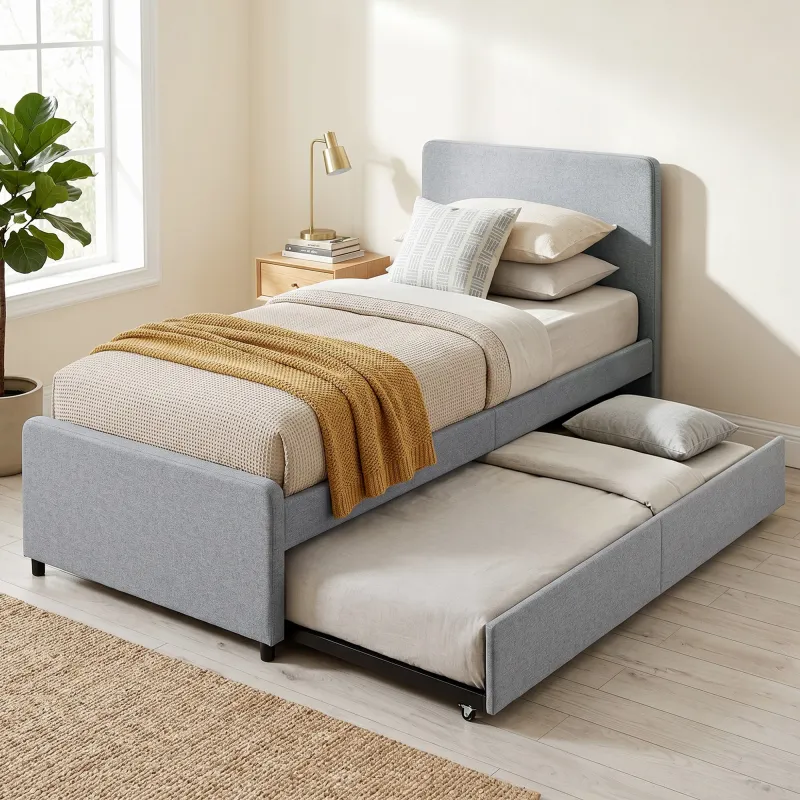 Cama Nido Individual 90x190 cm Estructura de Cama Tapizada en Lino con Cabecero y Piecero Listones de Madera Gri... - Ogal.Es