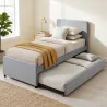 Cama Nido Individual 90x190 cm Estructura de Cama Tapizada en Lino con Cabecero y Piecero Listones de Madera Gri... - Ogal.Es