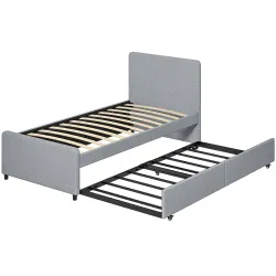 Cama Nido Individual 90x190 cm Estructura de Cama Tapizada en Lino con Cabecero y Piecero Listones de Madera Gri... - Ogal.Es