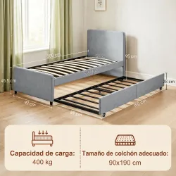 Cama Nido Individual 90x190 cm Estructura de Cama Tapizada en Lino con Cabecero y Piecero Listones de Madera Gri... - Ogal.Es