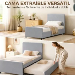 Cama Nido Individual 90x190 cm Estructura de Cama Tapizada en Lino con Cabecero y Piecero Listones de Madera Gri... - Ogal.Es