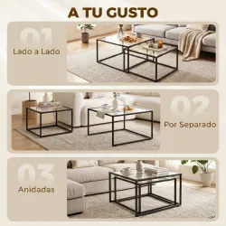 2 Mesas de Centro Cuadradas Mesas Nido Modernas con Tablero de Vidrio Templado y Estructura Metálica 75x75x42 cm... - Ogal.Es