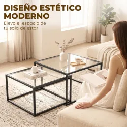 2 Mesas de Centro Cuadradas Mesas Nido Modernas con Tablero de Vidrio Templado y Estructura Metálica 75x75x42 cm... - Ogal.Es