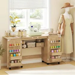 Mesa de Costura Plegable con 6 Ruedas 20 Clavijas para Hilos 4 Compartimentos Estante Roble - Ogal.Es