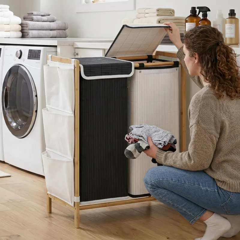 Cesto de Ropa Sucia con Tapa 120L de Bambú con 2 Compartimentos Bolsas con Cordón Bolsillos Laterales Blanco y N... - Ogal.Es