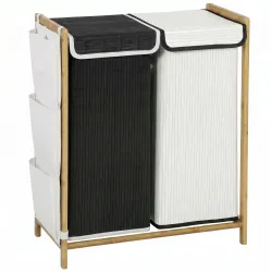 Cesto de Ropa Sucia con Tapa 120L de Bambú con 2 Compartimentos Bolsas con Cordón Bolsillos Laterales Blanco y N... - Ogal.Es