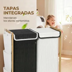 Cesto de Ropa Sucia con Tapa 120L de Bambú con 2 Compartimentos Bolsas con Cordón Bolsillos Laterales Blanco y N... - Ogal.Es