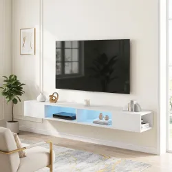 Mueble de TV Suspendido con Luces LED con Estantes Abiertos para Televisión 75 Pulgadas 177,8x30x18 cm Blanco - Ogal.Es