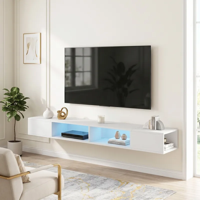 Mueble de TV Suspendido con Luces LED con Estantes Abiertos para Televisión 75 Pulgadas 177,8x30x18 cm Blanco - Ogal.Es