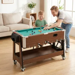 Mesa Multijuegos 3 en 1 con Ruedas con Freno Estante de Almacenaje Futbolines para Niños Billar Air Hockey Nogal - Ogal.Es