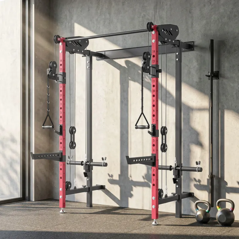Jaula de Potencia Plegable Rack para Sentadillas con Barra de Dominadas Sistema de Poleas Carga 700 kg Rojo - Ogal.Es
