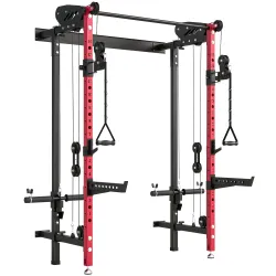 Jaula de Potencia Plegable Rack para Sentadillas con Barra de Dominadas Sistema de Poleas Carga 700 kg Rojo - Ogal.Es