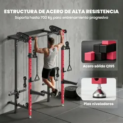 Jaula de Potencia Plegable Rack para Sentadillas con Barra de Dominadas Sistema de Poleas Carga 700 kg Rojo - Ogal.Es