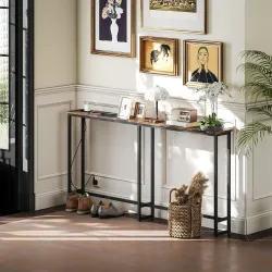 Mesa Consola Estrecha con Estación de Carga Diseño Industrial Estructura de Acero 160x20x80 cm Marrón Rústico - Ogal.Es