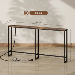 Mesa Consola Estrecha con Estación de Carga Diseño Industrial Estructura de Acero 160x20x80 cm Marrón Rústico - Ogal.Es