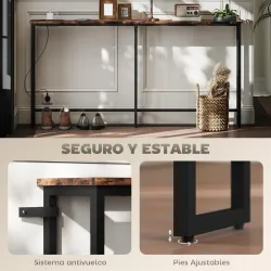 Mesa Consola Estrecha con Estación de Carga Diseño Industrial Estructura de Acero 160x20x80 cm Marrón Rústico - Ogal.Es