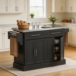 Isla de Cocina con Ruedas Tablero de Acero Inoxidable Cajones Estantes Ajustables Especiero Toallero 145x45x93 c... - Ogal.Es