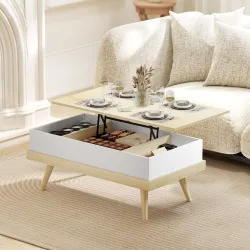 Mesa de Centro Elevable con 3 Compartimientos de Almacenaje Ocultos y Patas de Madera 100x79x54 cm Natural y Blanco - Ogal.Es