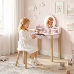 Tocador de Maquillaje Niña Tocador Infantil con Taburete Espejo Cajón y 2 Estantes Abiertos para Niños 3 a 6 Año... - Ogal.Es