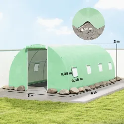 Invernadero de Túnel 6x3x2 m con Puerta Enrollable 8 Ventanas de Malla y Estructura de Acero Galvanizado Verde - Ogal.Es