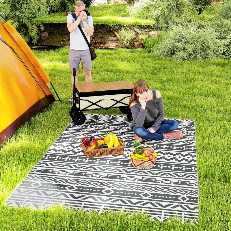 Alfombra de Exterior Reversible 182x274 cm con Patrón Geométrico de Cenefa Impermeable con Bolsa Gris y Blanco - Ogal.Es