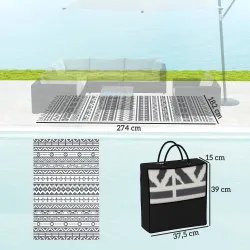Alfombra de Exterior Reversible 182x274 cm con Patrón Geométrico de Cenefa Impermeable con Bolsa Gris y Blanco - Ogal.Es