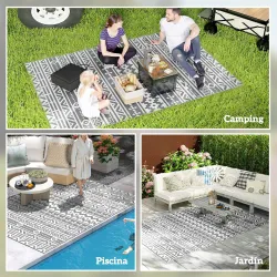 Alfombra de Exterior Reversible 182x274 cm con Patrón Geométrico de Cenefa Impermeable con Bolsa Gris y Blanco - Ogal.Es