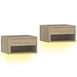 Juego de 2 Mesitas de Noche Flotantes con Luces LED RGB Control de APP Cajón Estante Abierto Natural - Ogal.Es