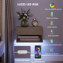 Juego de 2 Mesitas de Noche Flotantes con Luces LED RGB Control de APP Cajón Estante Abierto Natural - Ogal.Es