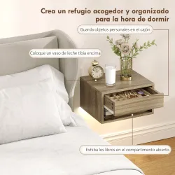 Juego de 2 Mesitas de Noche Flotantes con Luces LED RGB Control de APP Cajón Estante Abierto Natural - Ogal.Es