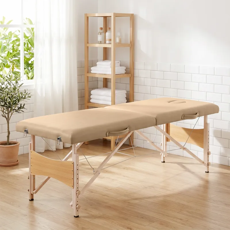 Camilla de Masaje Plegable con Marco de Madera con Altura Regulable y Bolsa de Transporte 186x60x61-87 cm Marrón - Ogal.Es