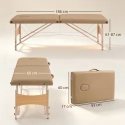 Camilla de Masaje Plegable con Marco de Madera con Altura Regulable y Bolsa de Transporte 186x60x61-87 cm Marrón - Ogal.Es