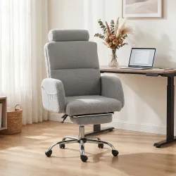 Silla de Escritorio con Reposapiés Tapizada en Borreguito con Respaldo Reclinable Reposacabezas Ajustable Gris C... - Ogal.Es