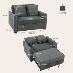 Sofá Cama 2 Plazas 3 en 1 con Respaldo Ajustable Bolsillos Laterales 2 Almohadas para Sala de Estar Gris Oscuro - Ogal.Es