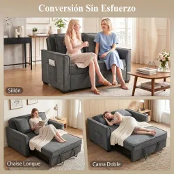 Sofá Cama 2 Plazas 3 en 1 con Respaldo Ajustable Bolsillos Laterales 2 Almohadas para Sala de Estar Gris Oscuro - Ogal.Es