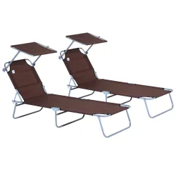 Conjunto de 2 Tumbonas Plegables con Toldo Desmontable Respaldo Ajustable en 5 Niveles 187x58x36 cm Marrón - Ogal.Es