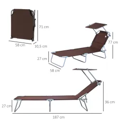 Conjunto de 2 Tumbonas Plegables con Toldo Desmontable Respaldo Ajustable en 5 Niveles 187x58x36 cm Marrón - Ogal.Es