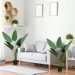 2 Palmas Artificiales 120 cm Plantas Artificiales Árboles Artificiales con 7 Hojas y Maceta para Decoración Hoga... - Ogal.Es
