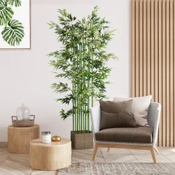Pack de 2 Bambú Artificial con Maceta de Madera Plantas Artificiales de Decoración para Interior 35x10x180 cm Verde - Ogal.Es
