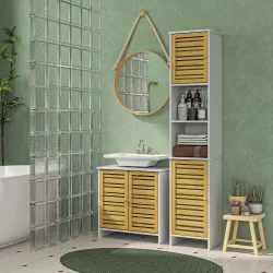 Mueble Bajo Lavabo y Columna Auxiliar de Baño con Estantes Ajustables y Puertas de Bambú Base Elevada Blanco y N... - Ogal.Es