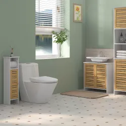Conjunto de Mueble Bajo Lavabo y Columna Auxiliar con Estantes Ajustables y Puertas de Bambú Blanco y Natural - Ogal.Es