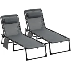 Conjunto de 2 Tumbonas Plegables con Respaldo Ajustable Reposacabezas y Estructura de Acero 185x58x30 cm Gris - Ogal.Es