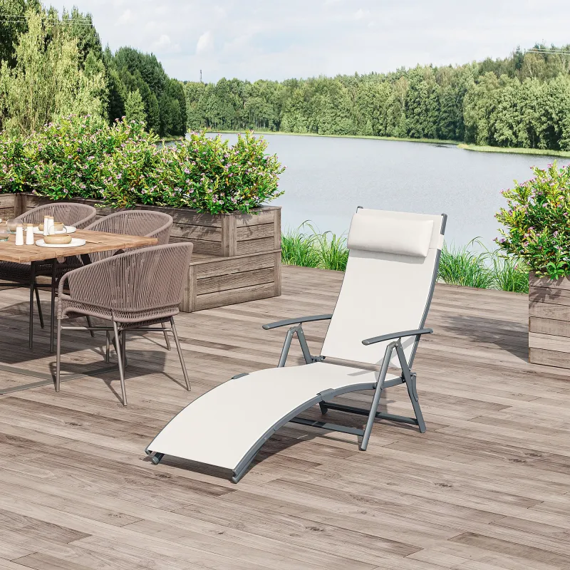 Set de 2 Tumbonas de Jardín Plegables con Respaldo Ajustable Almohada y Reposabrazos 137x63,5x100,5 cm Beige - Ogal.Es