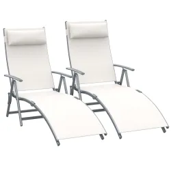 Set de 2 Tumbonas de Jardín Plegables con Respaldo Ajustable Almohada y Reposabrazos 137x63,5x100,5 cm Beige - Ogal.Es