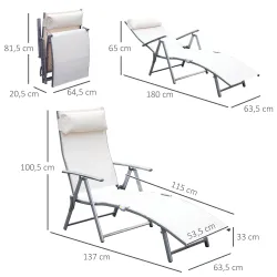 Set de 2 Tumbonas de Jardín Plegables con Respaldo Ajustable Almohada y Reposabrazos 137x63,5x100,5 cm Beige - Ogal.Es