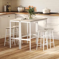Conjunto de 2 Mesas Altas de Bar con 4 Taburetes Marco de Acero Estilo Industrial Natural y Blanco - Ogal.Es